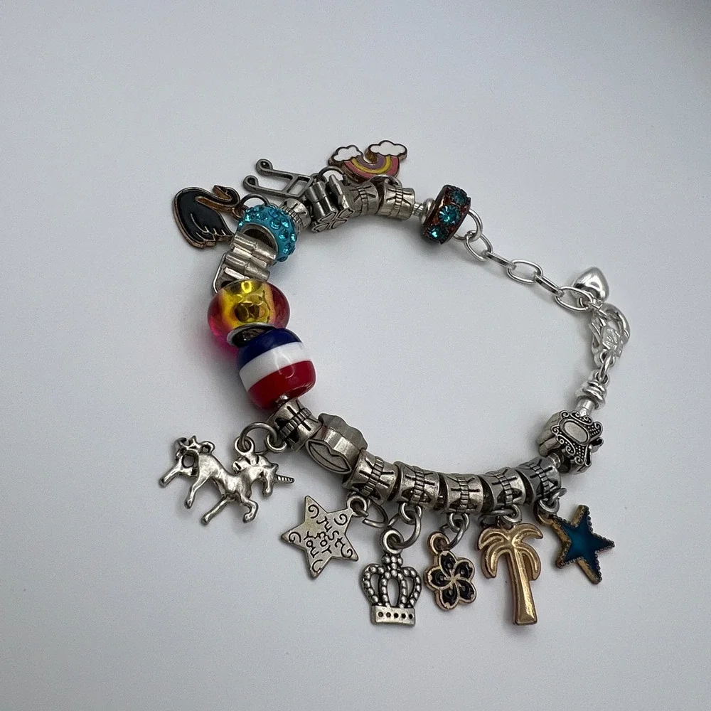 Silver Tone European Charm Bracelet‎ Mixed Glass Beads Rainbow Unicorn
